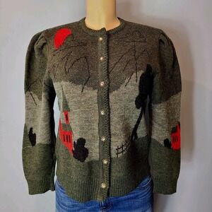 Vtg Cardigan Sweater Pictorial Sz Medium‎ Cottage Wool Puff Sleeve Victorian 90s